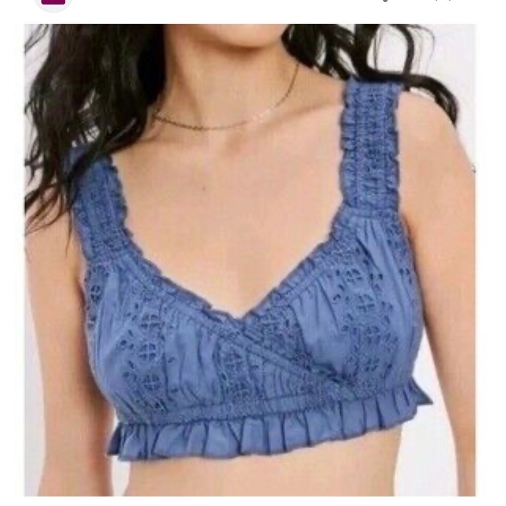 American Eagle Blue Eyelet Ruffle Crop Top Lace Smocked Straps V-Neck Size XXL